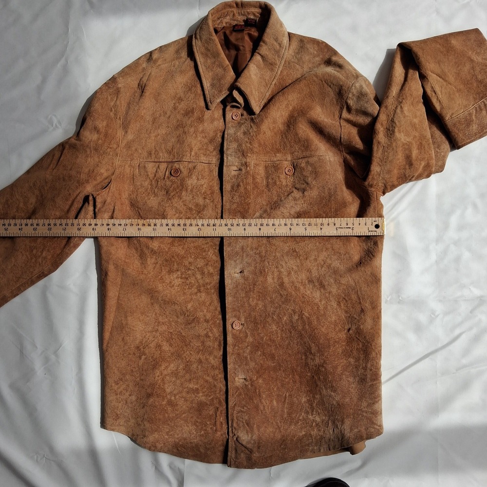Danier Leather Suede Shirt Jacket Mens Tan Brown Button Front Lined Pockets - Picture 3 of 9